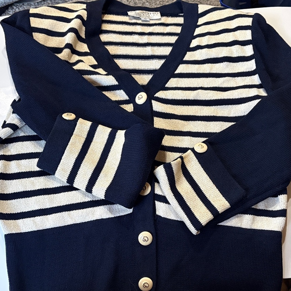 St John Collection Navy and Cream Striped Cardigan- vintage with shoulder pads